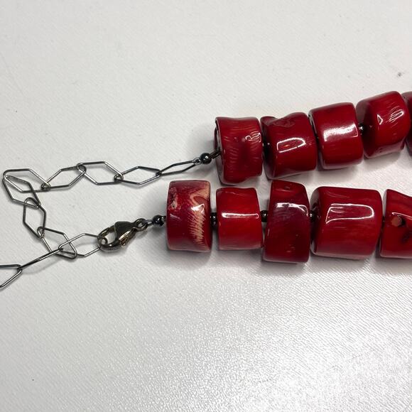 Vintage Chunky Red Coral Necklace, Earring Set - Picture 3 of 10